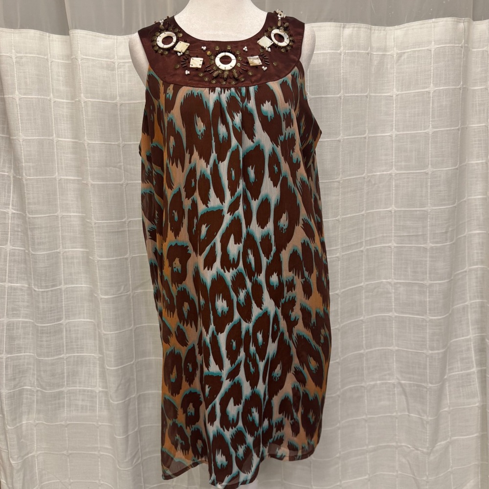 Richard Malcolm Brown Leopard Print‎ Beaded Neck Shift Dress Size 8 Sleeveless